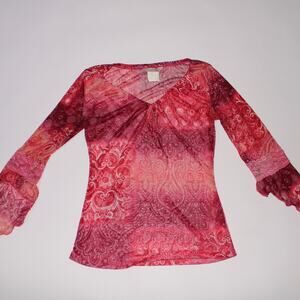 Y2K Fresh Wear Red Semi Sheer Multicolored Bell Sleeved Top With Lace Size L